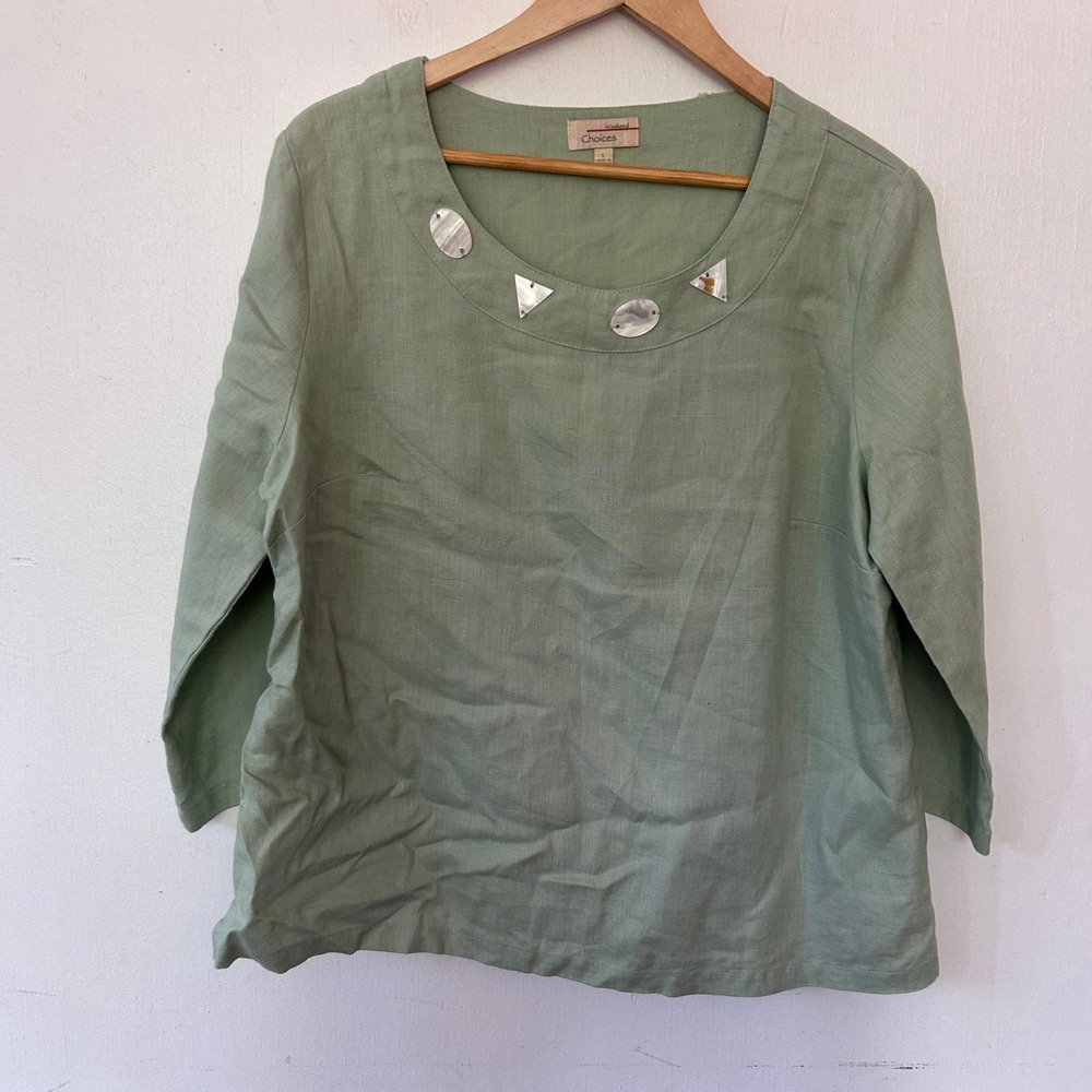 Weekend Choices Womens Sage Green Linen Shell Embellished Blouse Coastal Large